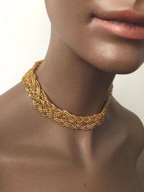 Vintage Amber Yellow Gold Hand Beaded Braided Chocker Necklace Holidays